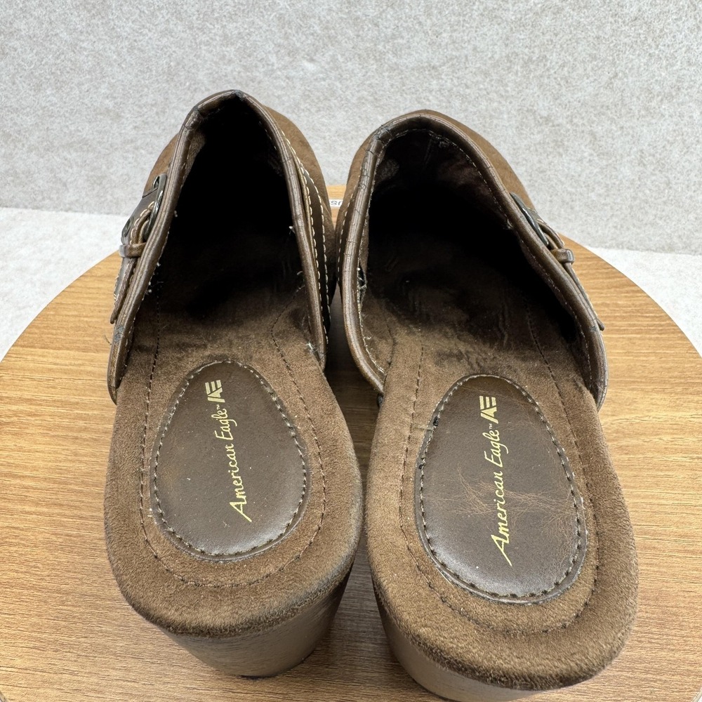 American Eagle Shoes Womens‎ 8.5 Brown Faux Suede Wedge Mule Clog Studded Buckle - Picture 5 of 9